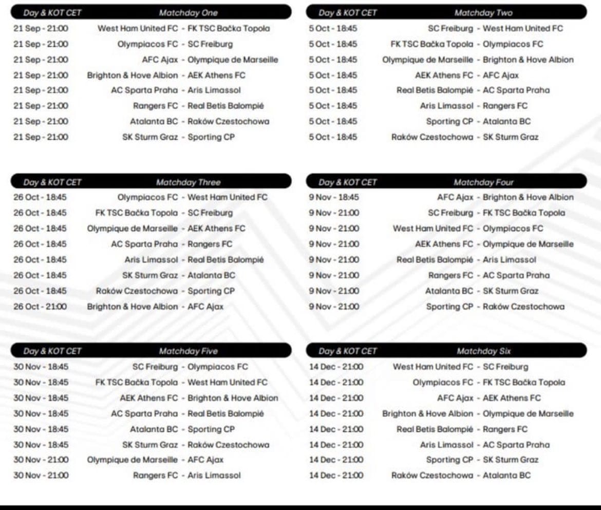 Speelschema Groepsfase Europa League 2023-2024 - De AFCA Supportersclub